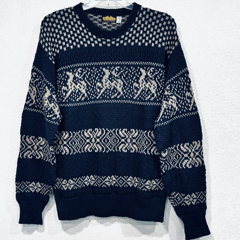 VTG Patrick James Pullover Sweater Mens Large Heavyweight Navy & Tan Long Sleeve